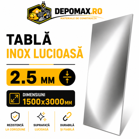 Tabla inox lucioasa BA, 2.5 x 1500 x 3000 mm, 4.5 mp